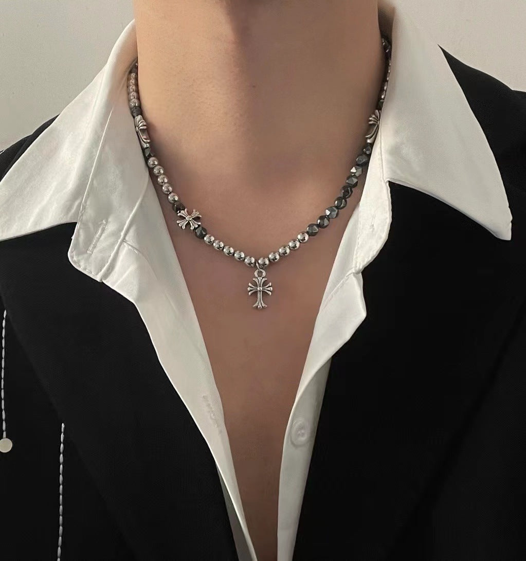 Collar de cadena cubana para hombre con circonitas cruzadas de acero y titanio 