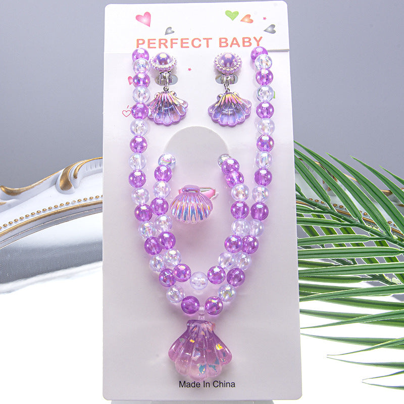 Conjunto de joyería de dibujos animados para niños, collar de perlas hecho a mano, pulsera, anillo, concha, cola de pez, unicornio 