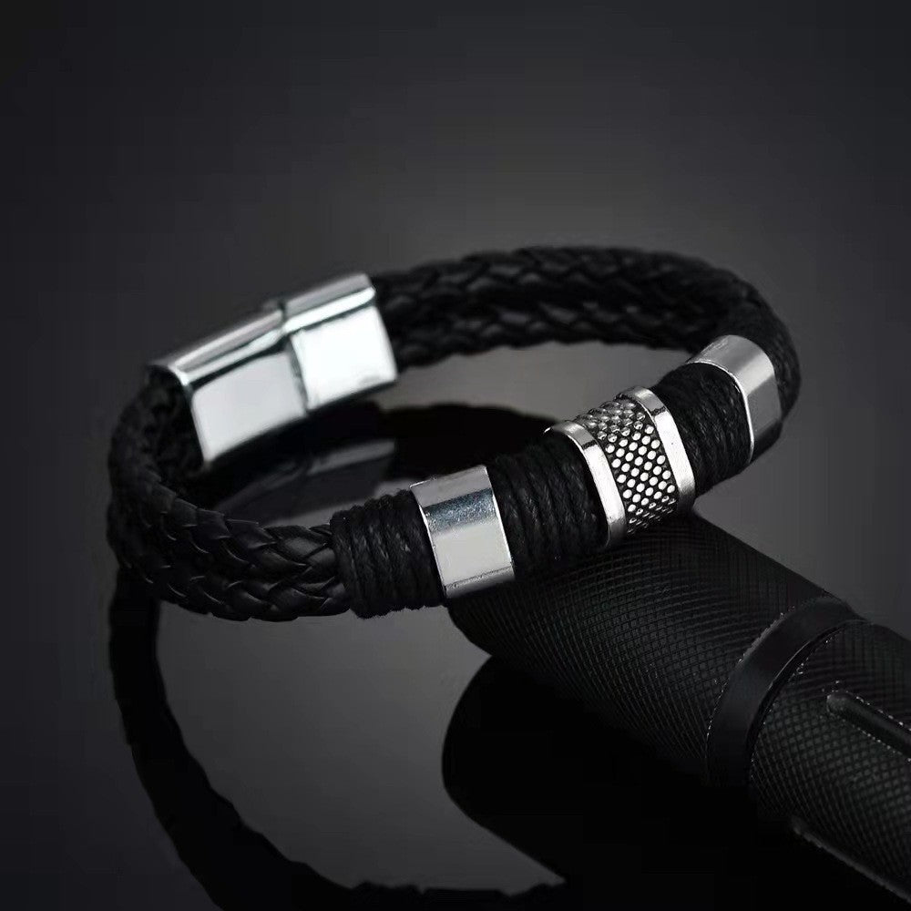 Pulsera de cuero cruzada para hombre, multicapa, tejida a mano, con hebilla magnética 