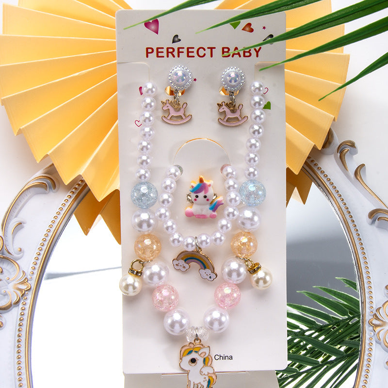 Conjunto de joyería de dibujos animados para niños, collar de perlas hecho a mano, pulsera, anillo, concha, cola de pez, unicornio 