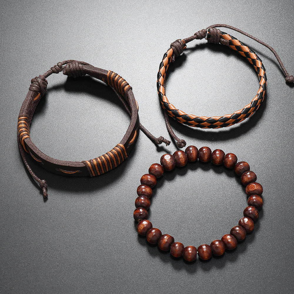 Pulsera de cuero con cuentas, pulsera tejida de cuero multicapa 