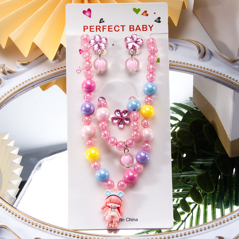 Conjunto de joyería de dibujos animados para niños, collar de perlas hecho a mano, pulsera, anillo, concha, cola de pez, unicornio 