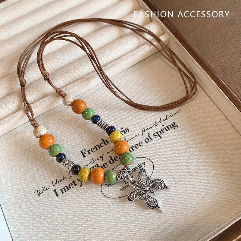 Collar de plumas vintage para mujer, cadena de clavícula con cuentas apiladas, accesorios bohemios 
