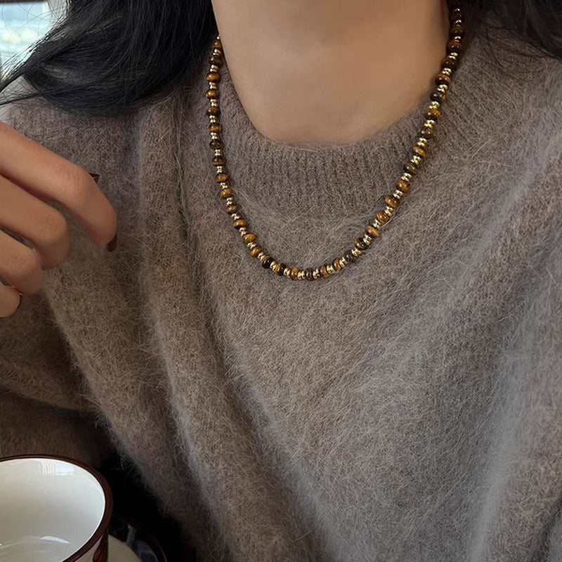 Collar de perlas, piedra de ojo de tigre, collar de bolas de oro pequeñas, cadena de piedra natural 