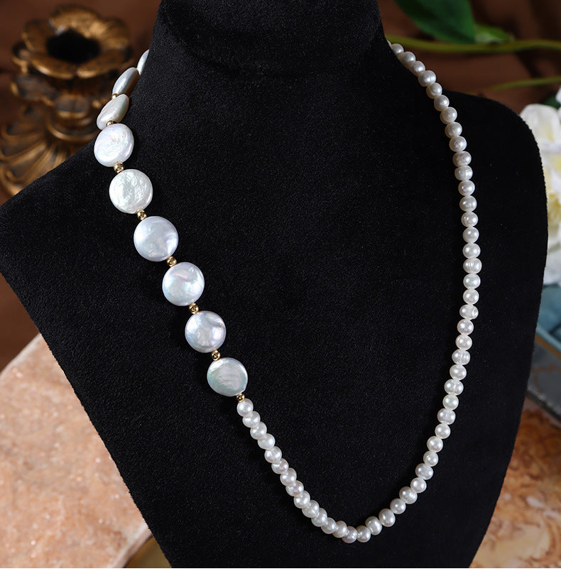 Collar de perlas naturales de agua dulce con botón barroco y cadena de clavícula