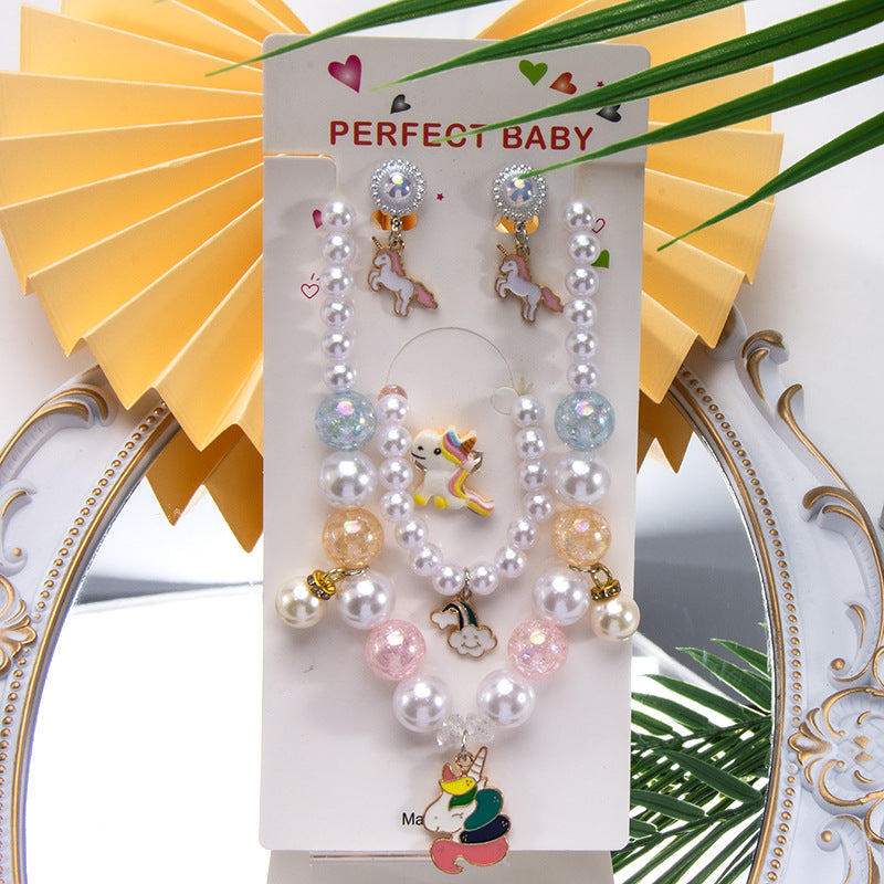 Conjunto de joyería de dibujos animados para niños, collar de perlas hecho a mano, pulsera, anillo, concha, cola de pez, unicornio 