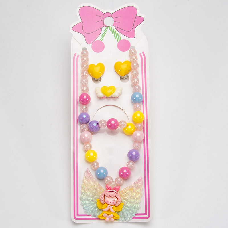 Conjunto de joyería de dibujos animados para niños, collar de perlas hecho a mano, pulsera, anillo, concha, cola de pez, unicornio 