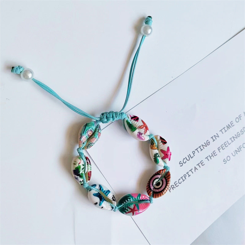 Pulsera tejida de conchas naturales bohemias con cuentas de hilo encerado, pulsera de perlas pintada a mano DIY 