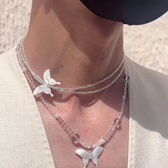 Collar de perlas de mijo mariposa con fritilaria blanca natural y cristal blanco transparente de doble capa para mujer 