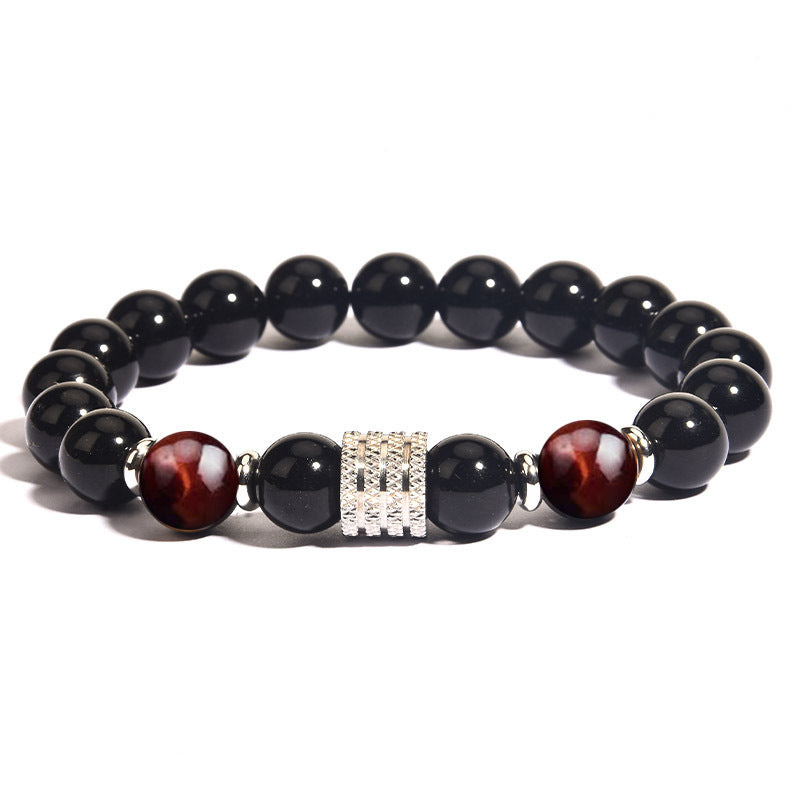 Pulsera de acero inoxidable con cuentas negras de obsidiana y ojo de tigre para hombre