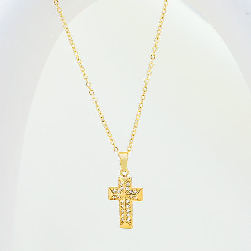 Collar de acero de titanio con cruz de circón y cadena de clavícula de acero inoxidable