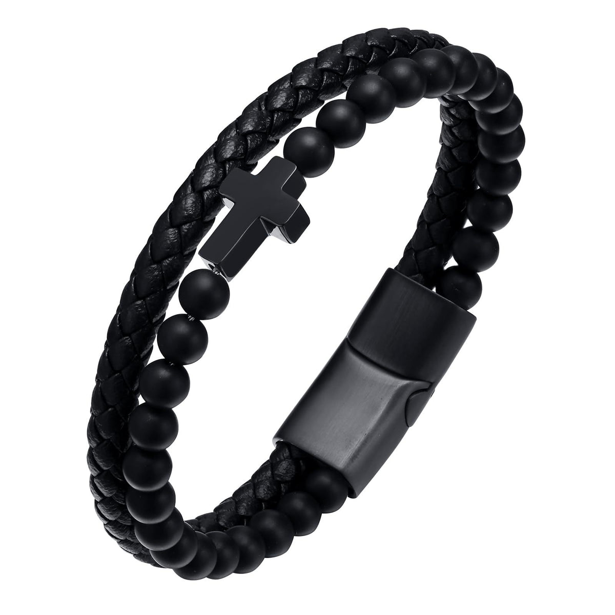 Pulsera magnética trenzada de cuero con cruz de aleación blanca y negra para hombre 