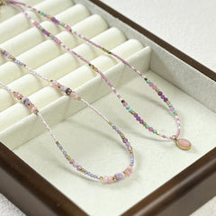 Collar de acero de titanio con cuentas de piedra natural de color morado mixto, cadena de clavícula apilada para mujer 