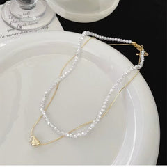 Collar de perlas barrocas naturales de agua dulce de forma especial para mujer, doble laminado con cadena de clavícula de frijol dorado. 