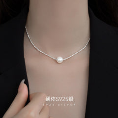 Collar de perlas de plata S925, cadena para el cuello con cuentas, cadena para clavícula 