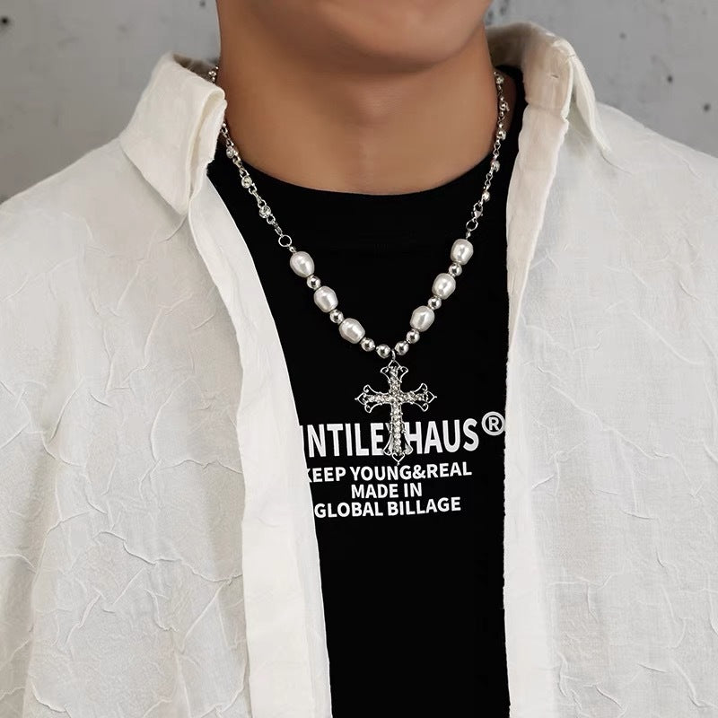 Collar de cadena cubana para hombre con circonitas cruzadas de acero y titanio 