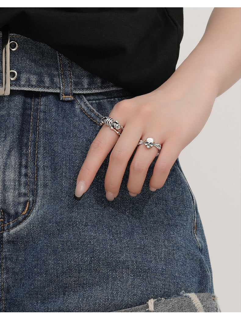 Anillo de calavera de plata tailandesa con forma de hueso, estilo punk, hip hop, joyería de plata. 