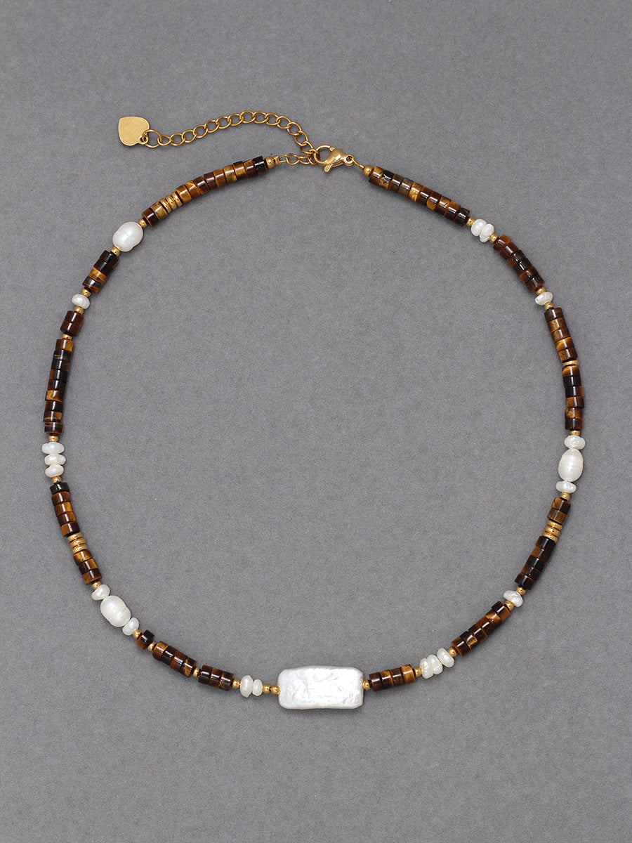 Collar de cadena de clavícula con perlas naturales de agua dulce rectangulares hechas a mano con lapislázuli para mujer 