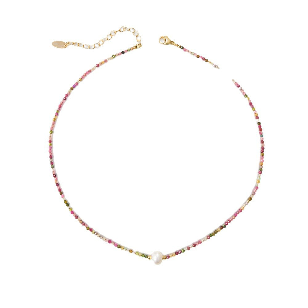 Collar de perlas de turmalina natural de colores mixtos hecho a mano con cadena de clavícula y cuentas, joyería de piedra natural 