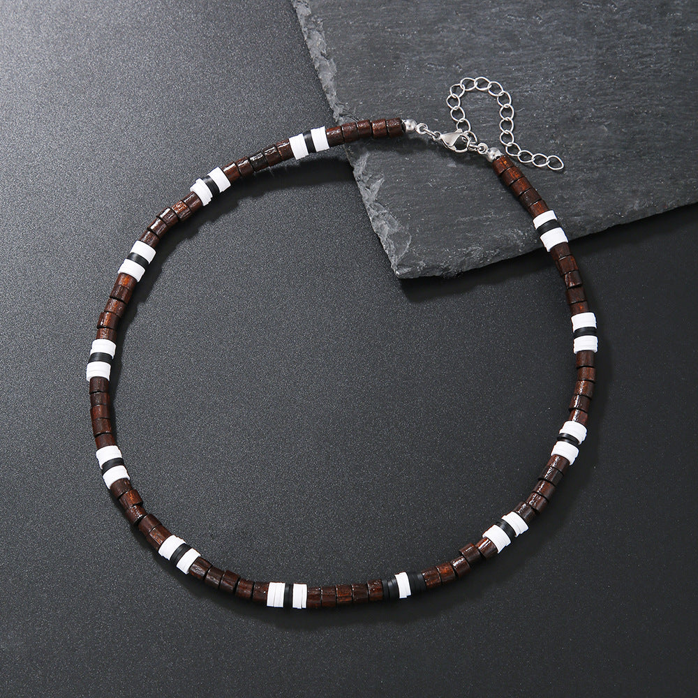 Collar corto con cuentas de madera de concha de coco bohemio para hombre, con tiras apiladas y cuentas turquesas, cadena de clavícula.
