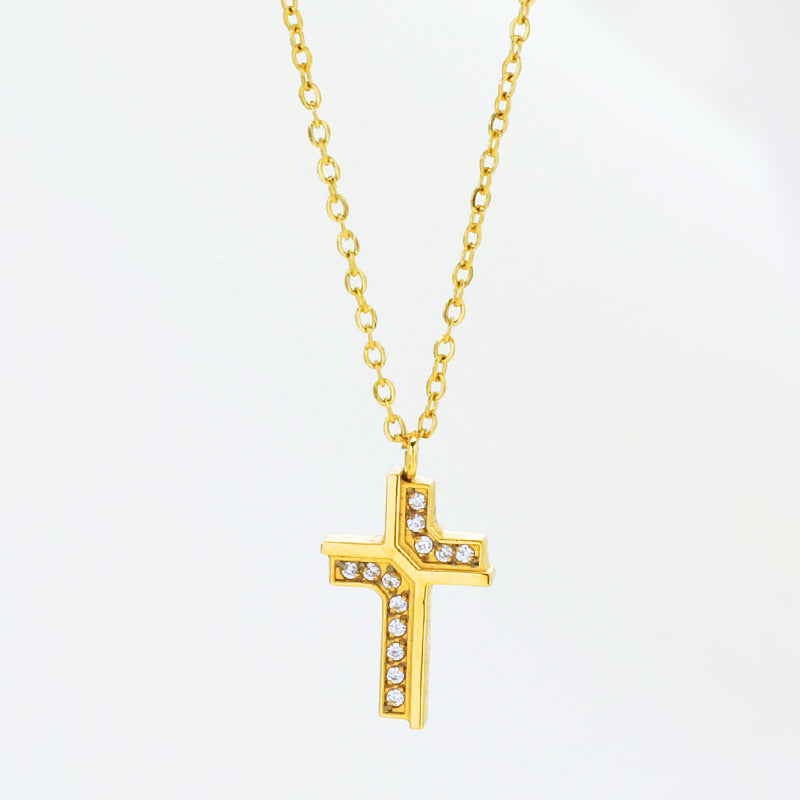 Collar de acero de titanio con cruz de circón y cadena de clavícula de acero inoxidable