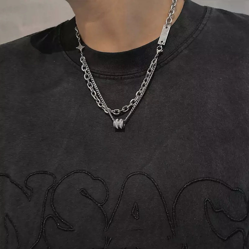Collar de cadena cubana para hombre con circonitas cruzadas de acero y titanio 