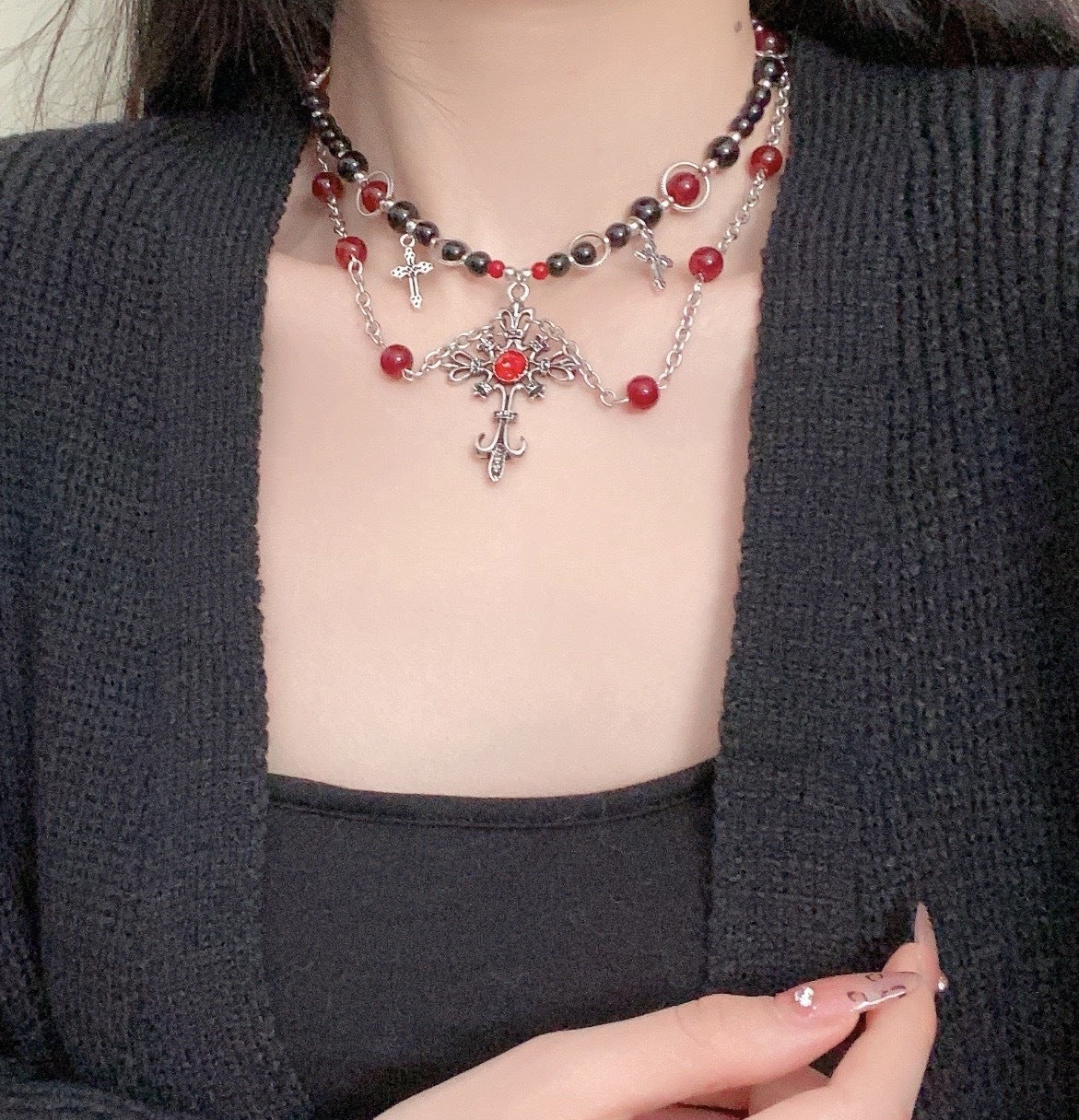 Collar de cadena cubana para hombre con circonitas cruzadas de acero y titanio 