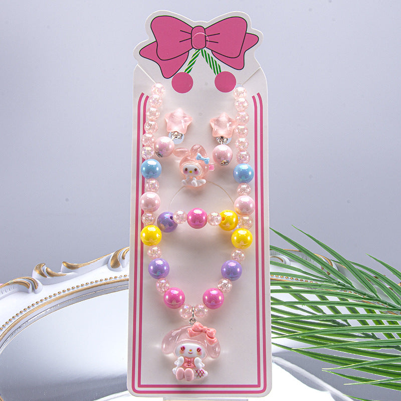 Conjunto de joyería de dibujos animados para niños, collar de perlas hecho a mano, pulsera, anillo, concha, cola de pez, unicornio 