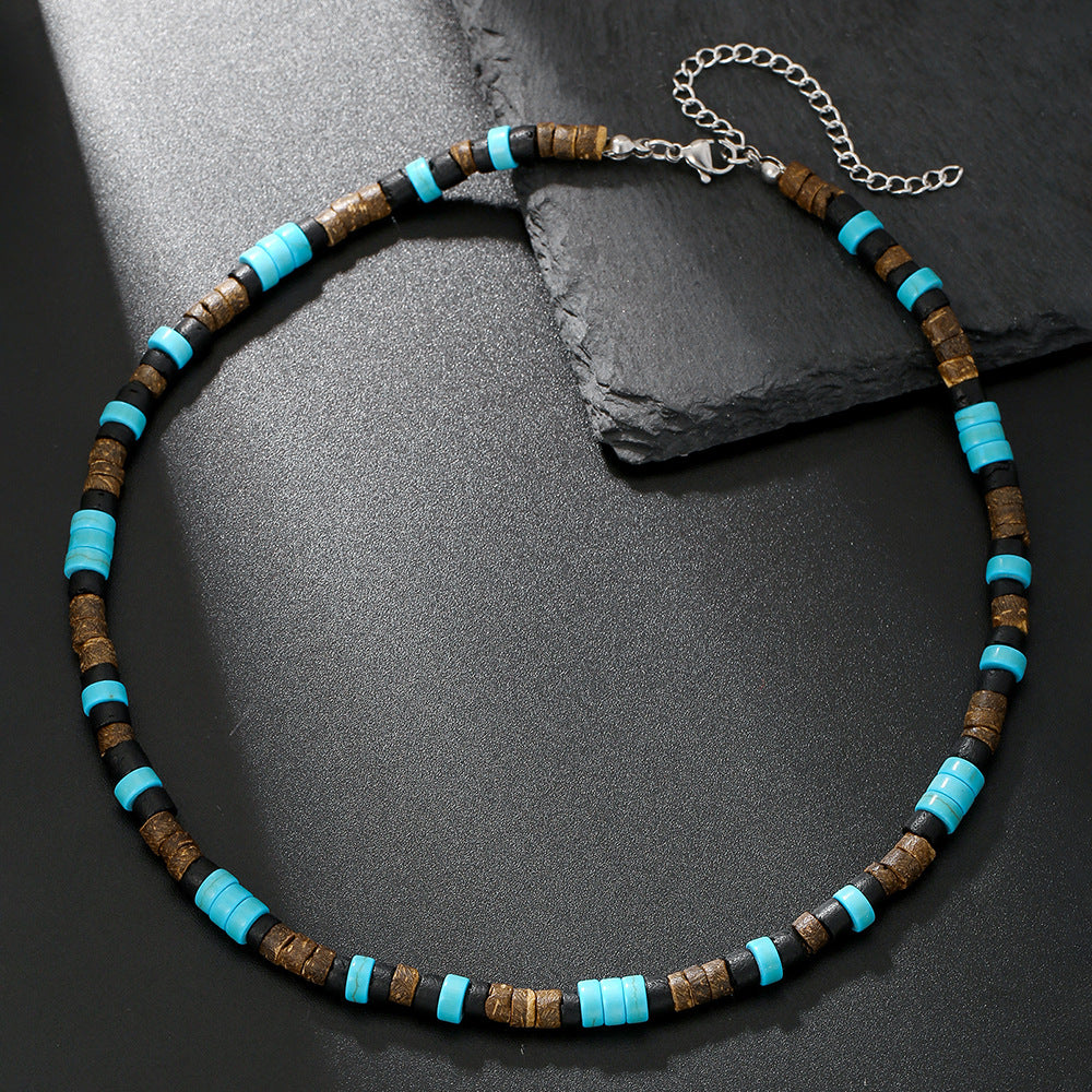 Collar corto con cuentas de madera de concha de coco bohemio para hombre, con tiras apiladas y cuentas turquesas, cadena de clavícula.