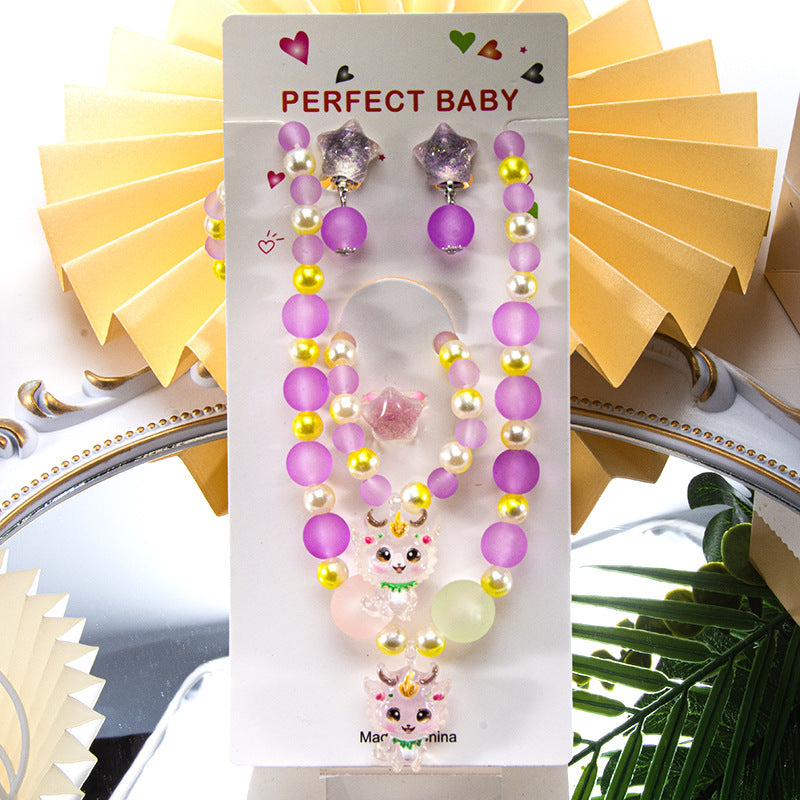 Conjunto de joyería de dibujos animados para niños, collar de perlas hecho a mano, pulsera, anillo, concha, cola de pez, unicornio 