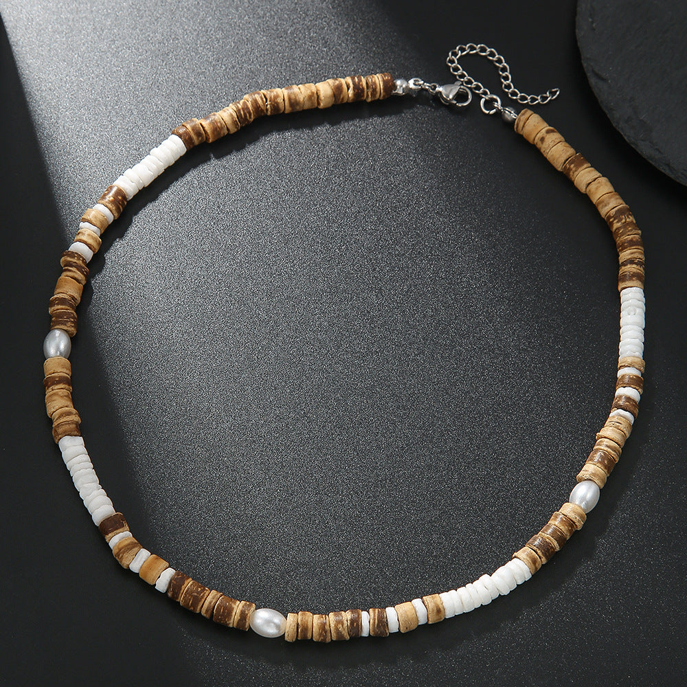Collar corto con cuentas de madera de concha de coco bohemio para hombre, con tiras apiladas y cuentas turquesas, cadena de clavícula.