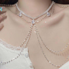 Zircon Tassel Shoulder Chain Necklace Body Chain, Vintage Court Style Body Chain