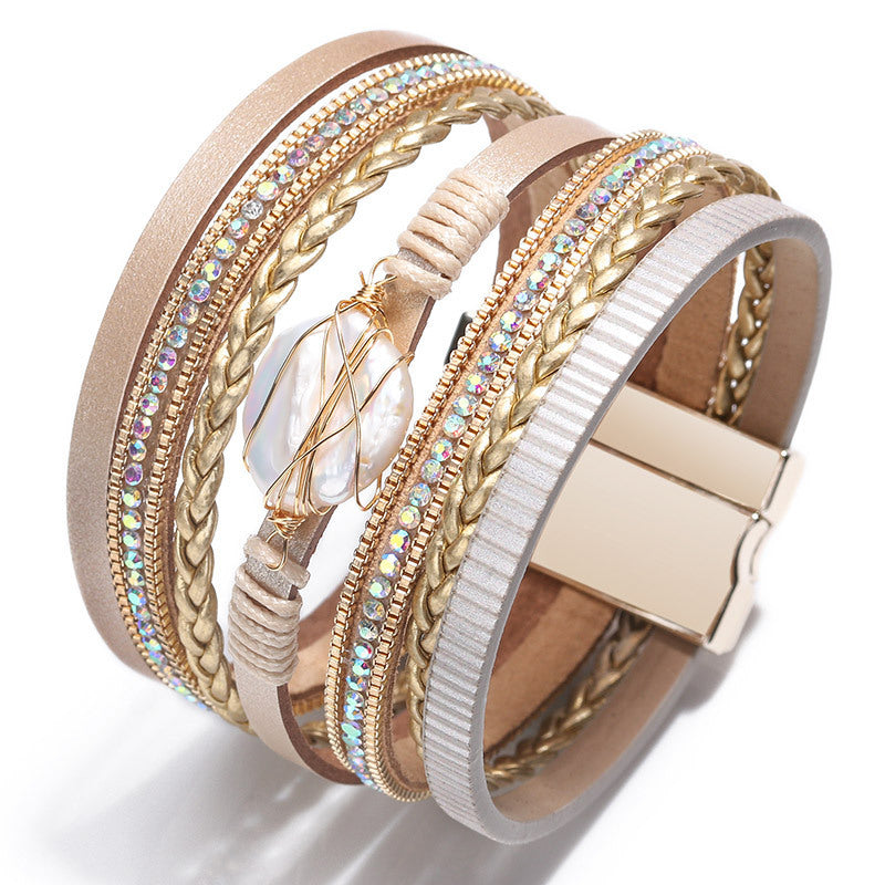 Pulsera de perlas barrocas de concha natural tejida multicapa, pulsera bohemia para mujer 