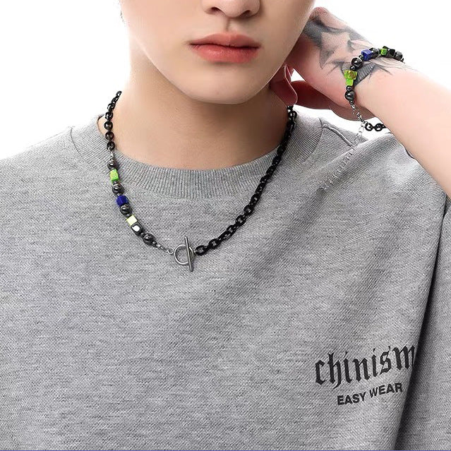 Collar de cadena cubana para hombre con circonitas cruzadas de acero y titanio 