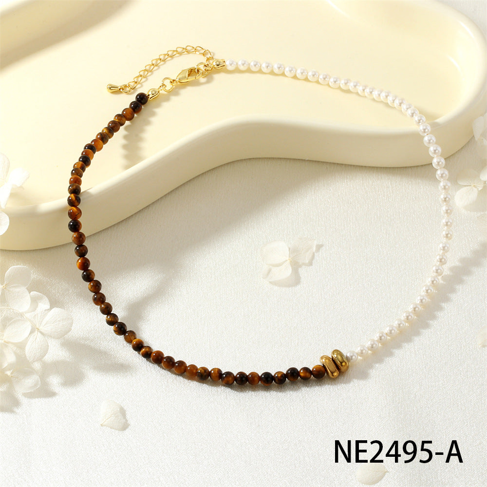 Collar de perlas de moda, collar literario con cuentas de piedra de ojo de tigre en tono Maillard nicho de moda 