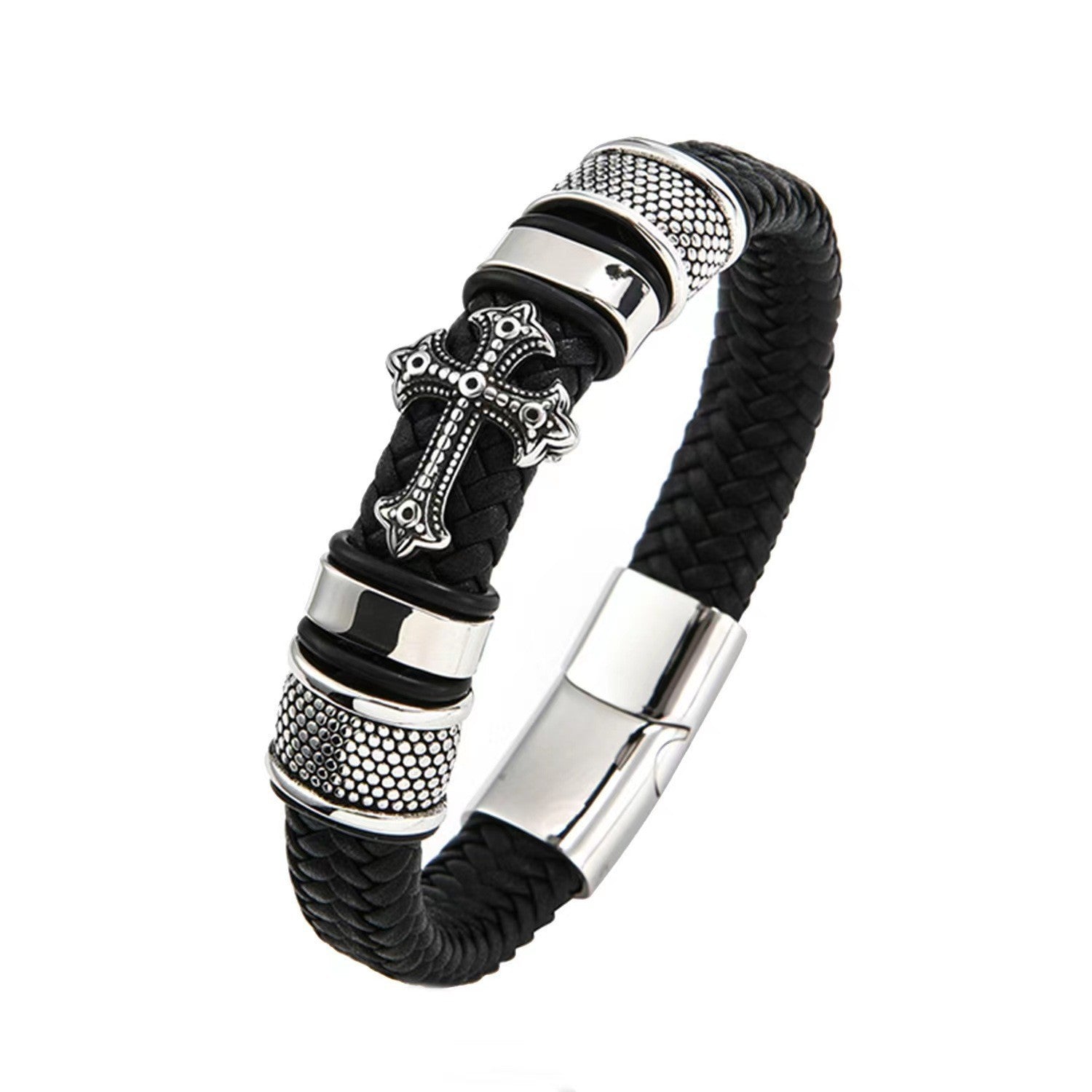Pulsera de cuero cruzada para hombre, multicapa, tejida a mano, con hebilla magnética 