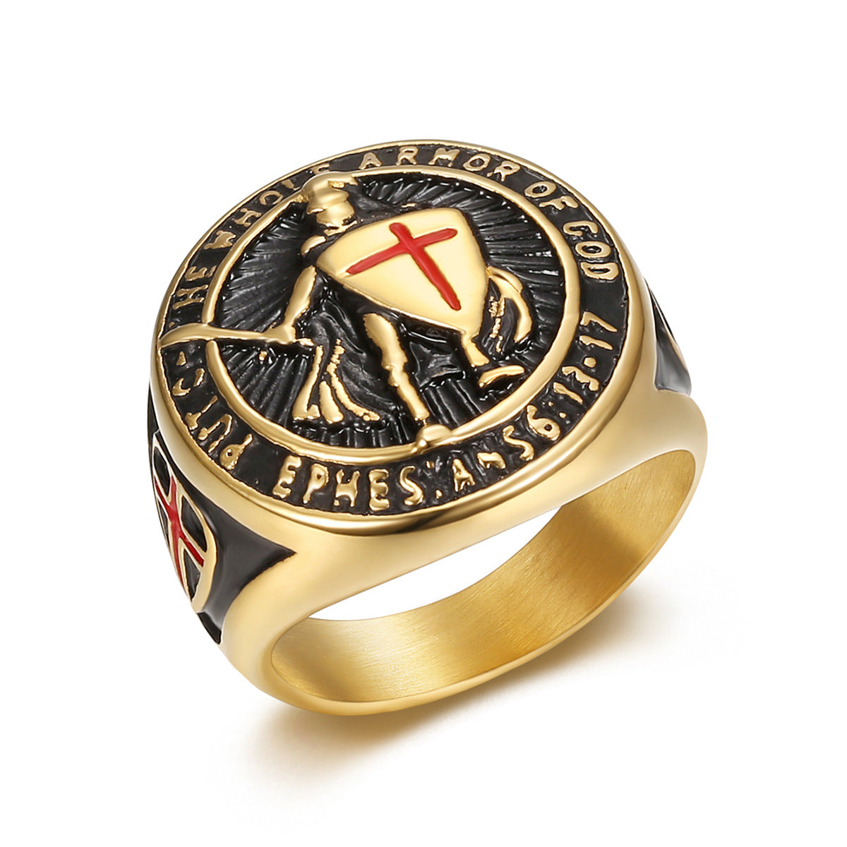 Anillo de acero de titanio chapado en oro para hombre con escudo de la Cruz Roja Templaria 