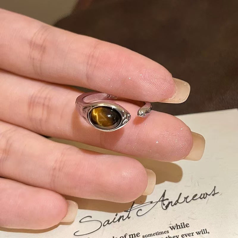 Anillo ajustable con apertura de piedra de ojo de tigre para dedo índice femenino 