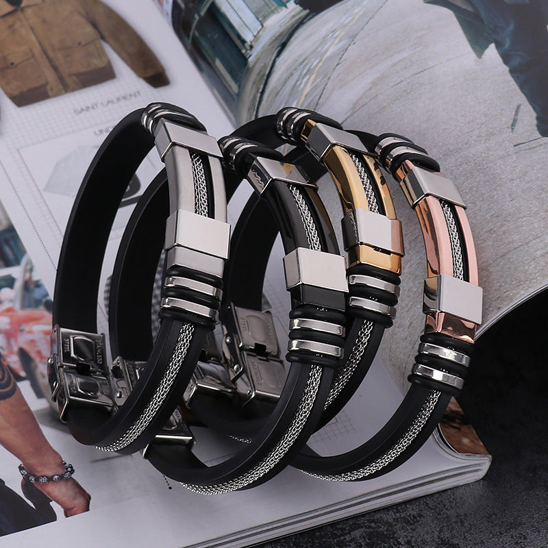 Pulsera de hip-hop para hombre de acero titanio y silicona, pulsera de acero inoxidable estilo punk 