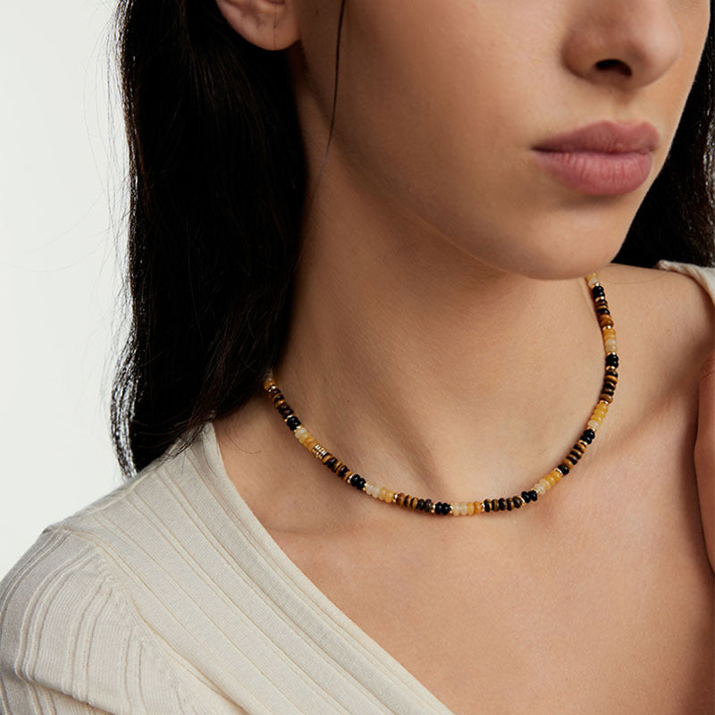 Collar de perlas, piedra de ojo de tigre, collar de bolas de oro pequeñas, cadena de piedra natural 
