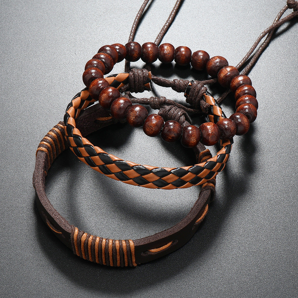 Pulsera de cuero con cuentas, pulsera tejida de cuero multicapa 