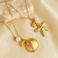 Colgante de cadena de clavícula de acero inoxidable con concha de estrella de mar chapado en oro, joyería de perlas