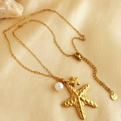 Colgante de cadena de clavícula de acero inoxidable con concha de estrella de mar chapado en oro, joyería de perlas