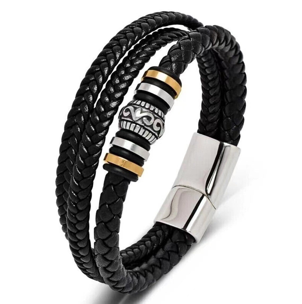 Pulsera de cuero cruzada para hombre, multicapa, tejida a mano, con hebilla magnética 