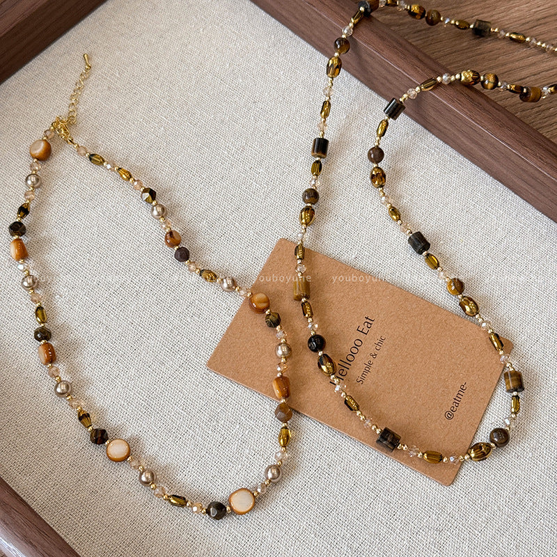 Collar de cuentas de cristal de café con piedra de ojo de tigre retro natural, cadena de suéter para mujer, cadena de clavícula 