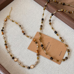 Collar de cuentas de cristal de café con piedra de ojo de tigre retro natural, cadena de suéter para mujer, cadena de clavícula 