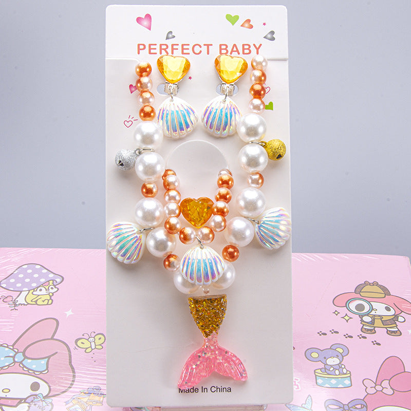 Conjunto de joyería de dibujos animados para niños, collar de perlas hecho a mano, pulsera, anillo, concha, cola de pez, unicornio 