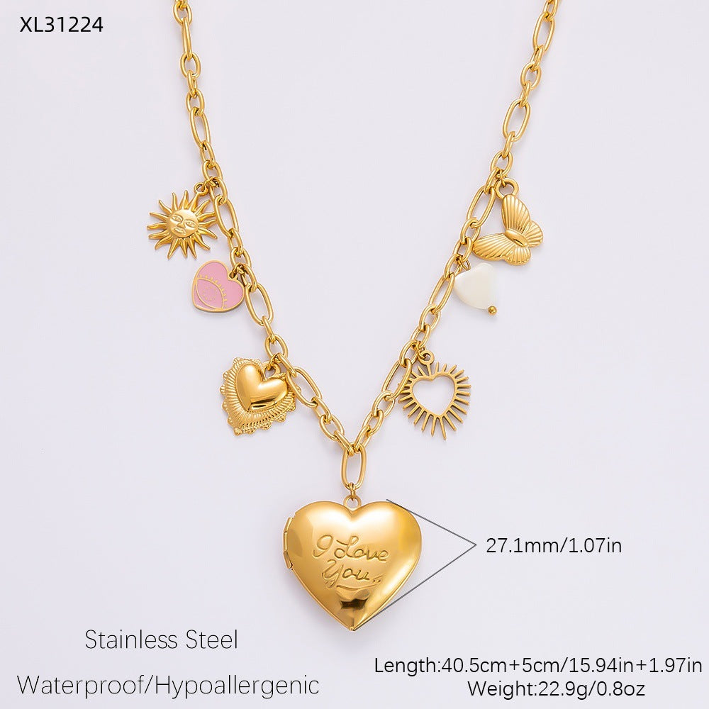 Collar con colgante de acero de titanio chapado en forma de corazón con lazo y ojo de diablo de estilo clásico, joyería al por mayor 