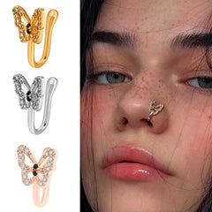 Anillo nasal falso en forma de U, piercing nasal de mariposa con incrustaciones de diamantes sin orificio, clip nasal, joyería anti-punción 