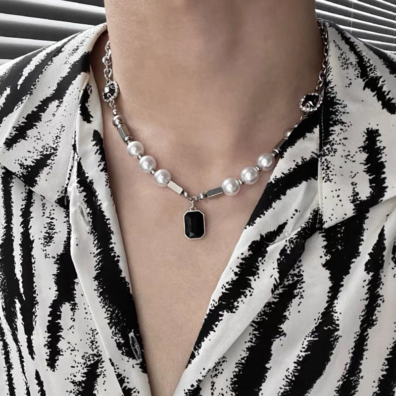 Collar de cadena cubana para hombre con circonitas cruzadas de acero y titanio 